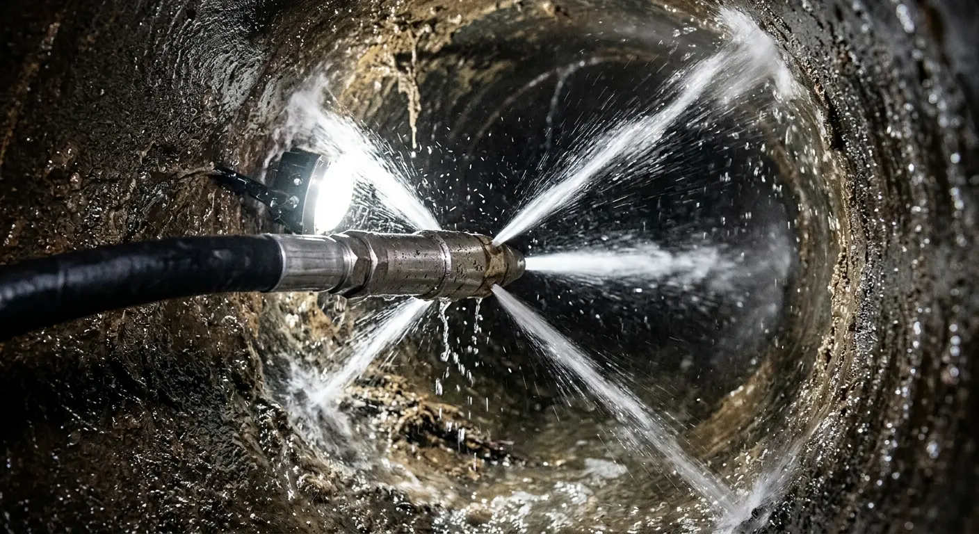 High-pressure hydro jetting nozzle cleaning sewer pipe for Emergency Drain Service in Bonne Terre