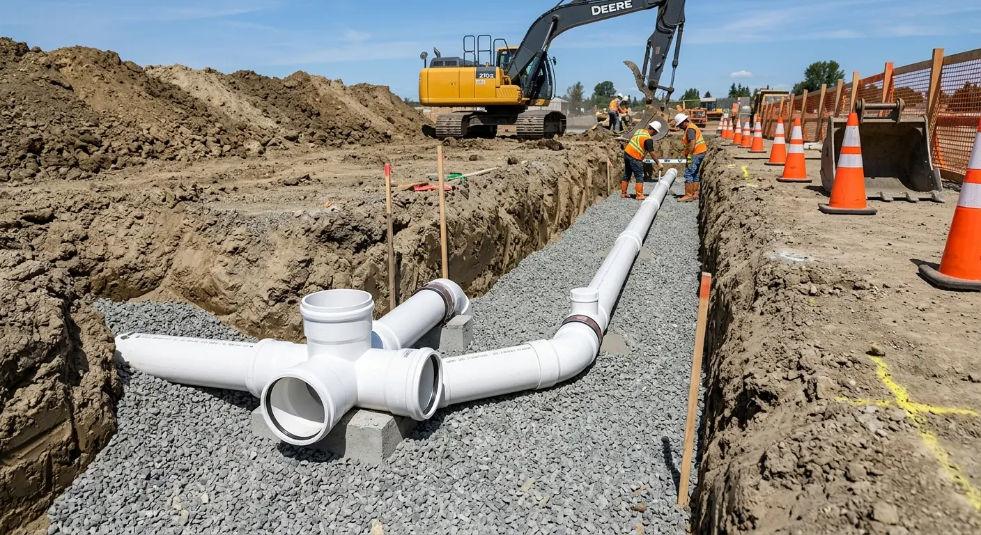 New PVC sewer pipe installation in open trench for Sewer Backup in Bonne Terre