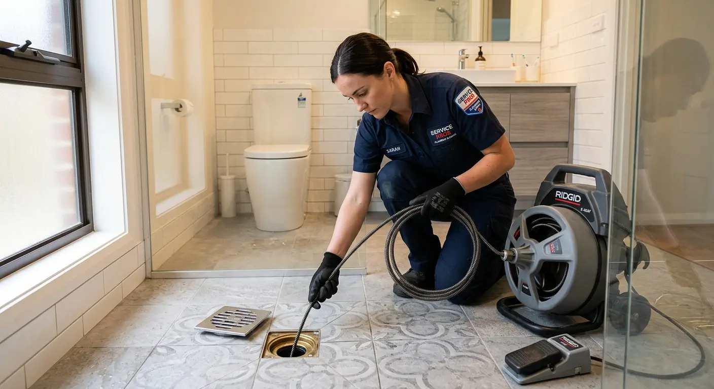 Technician clearing a bathroom floor drain for Hydro Jetting in Bonne Terre